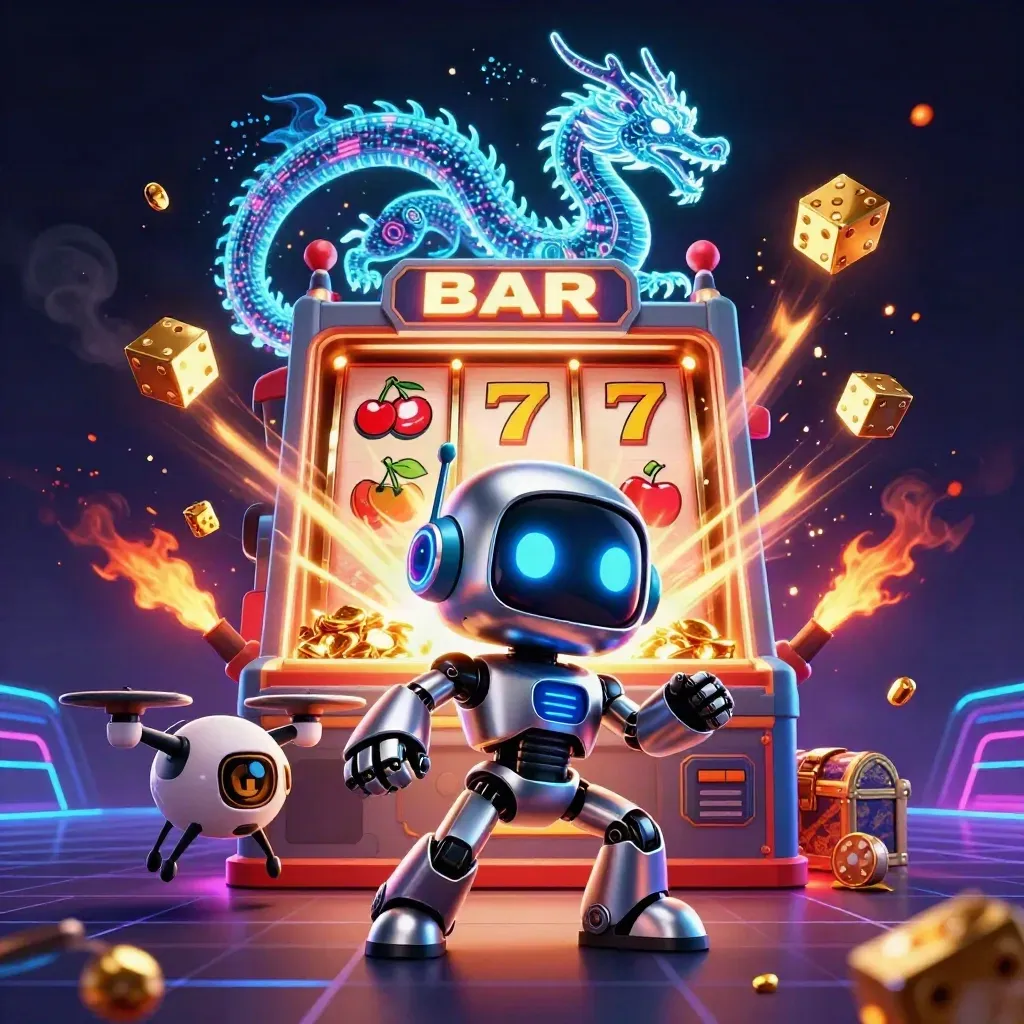 Cyberpunk robot, holographic dragon, and coin drone amid exploding slot jackpot treasure