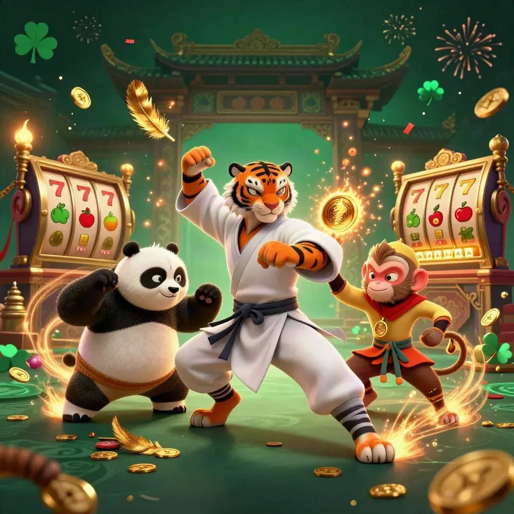Kung-fu tiger, panda, and monkey amid temple treasure, coins, fireworks, and glowing casino relics.