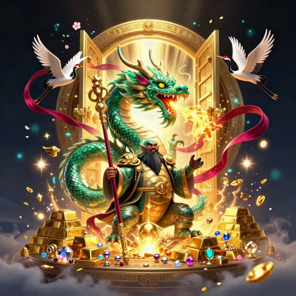 Emerald dragon, turtle sage, and cranes erupt from a glowing gold vault in a dark neon treasure scene.