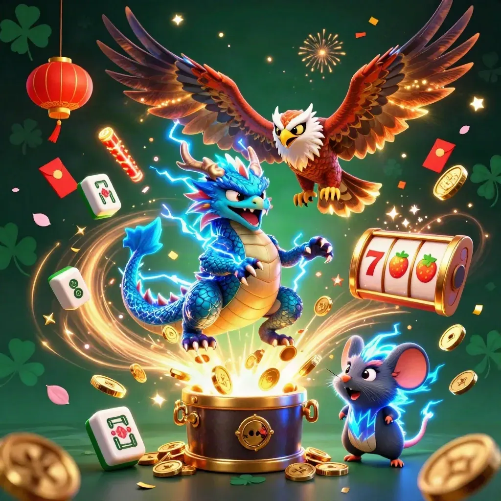 Dragon, hawk, and thunder-mouse burst coins and fireworks in a luxe casino scene.