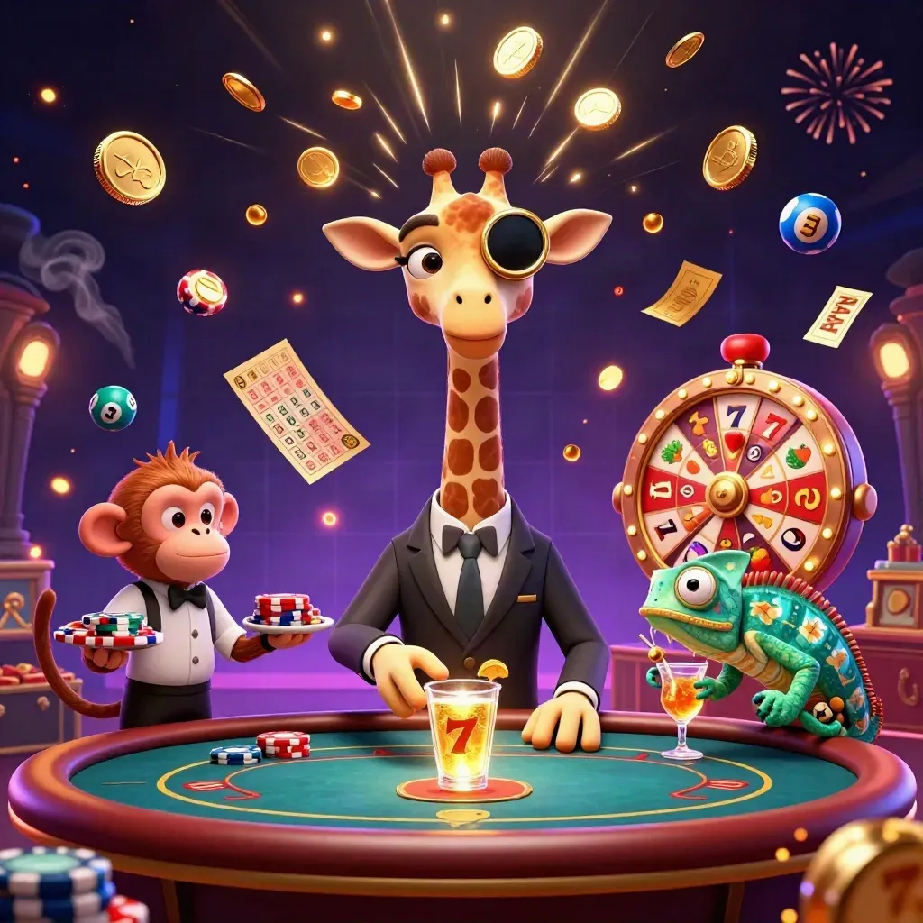 Giraffe, monkey, and chameleon celebrate amid coins, reels, fireworks, and neon casino lights.