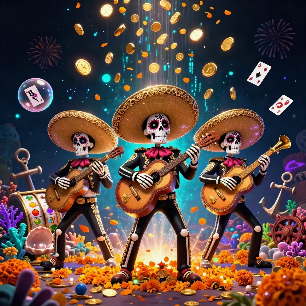 Three mariachi skeletons amid bursting coins, coral, fireworks, and casino reels in a dark treasure cove