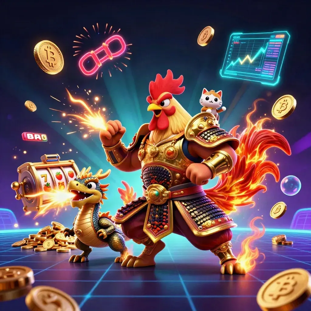 Rooster warrior, dragon hatchling, and fortune-cat erupt from a vault amid coins, sparks, and fireworks.
