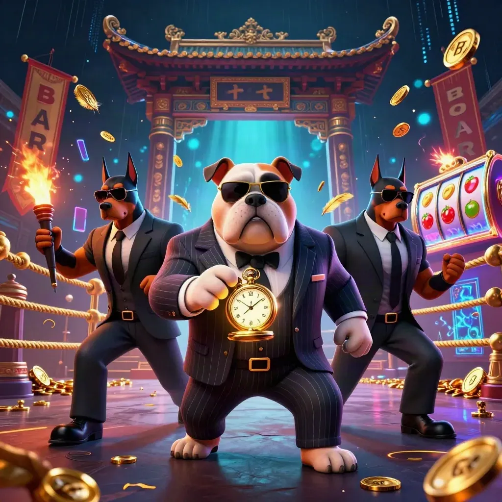 Bulldog boss with two Doberman guards amid treasure, reels, and neon energy