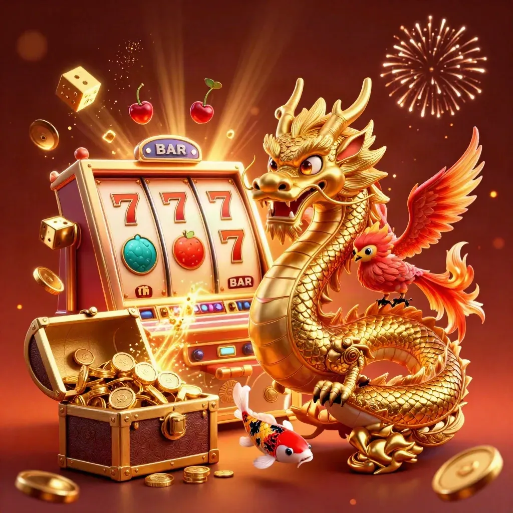 Golden dragon with phoenix and koi amid slot machine burst, coins, dice, fireworks, treasure chest.