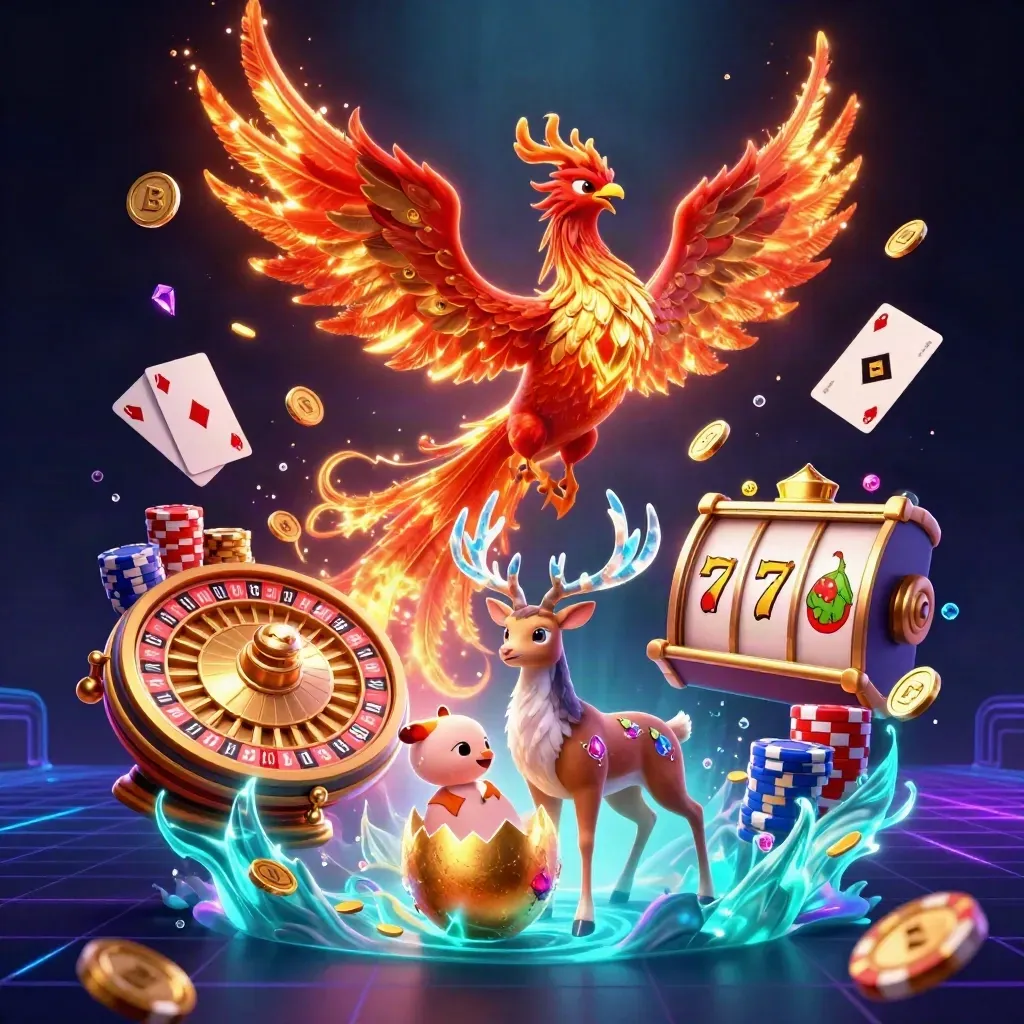 Phoenix, baby phoenix, and crystal-antler stag amid casino treasure and glowing coin bursts.
