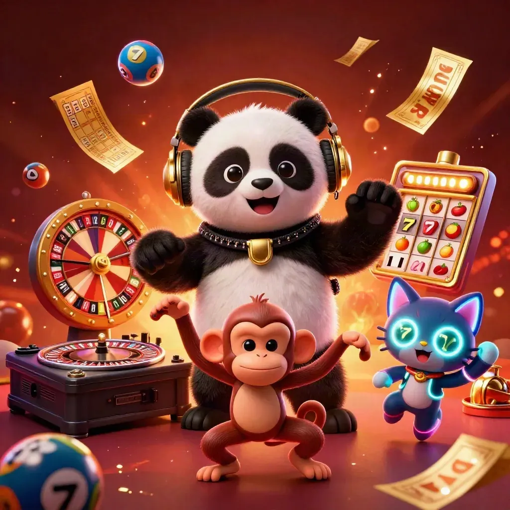 DJ panda, monkey, and glow-kitten amid casino symbols, glowing in gold, ruby, and teal.