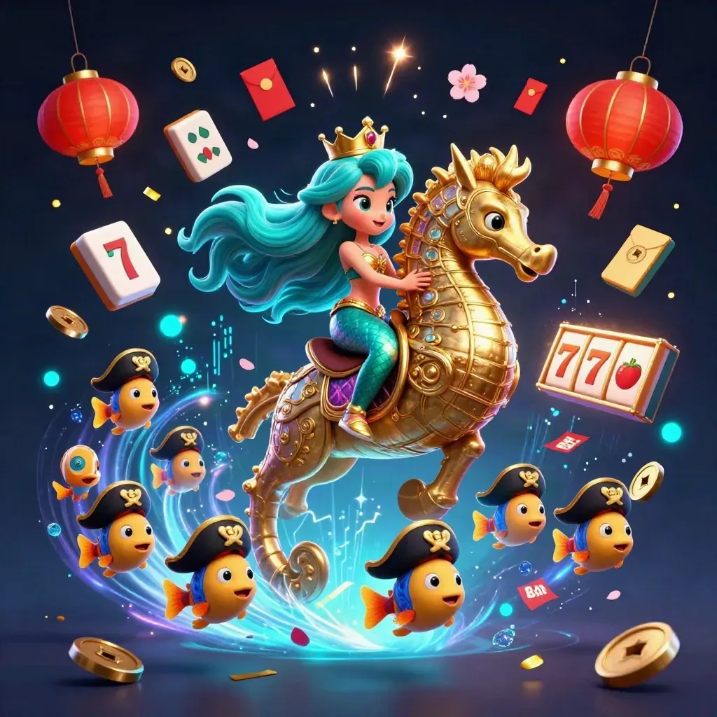 Mermaid princess rides a gold-armoured seahorse as casino relics burst around her