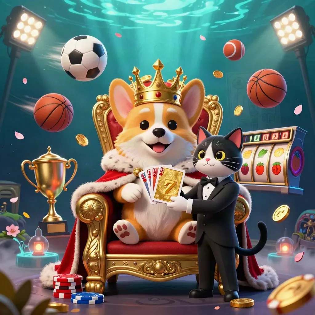 Royal corgi king on chip throne with cat butler, flying sports balls, coins, and glowing slots in teal-gold light