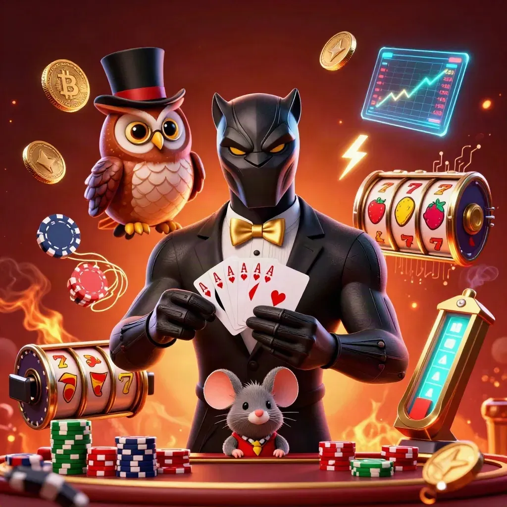 Panther, owl, and mouse in tuxedoed casino key art with coins, reels, and ember glow.
