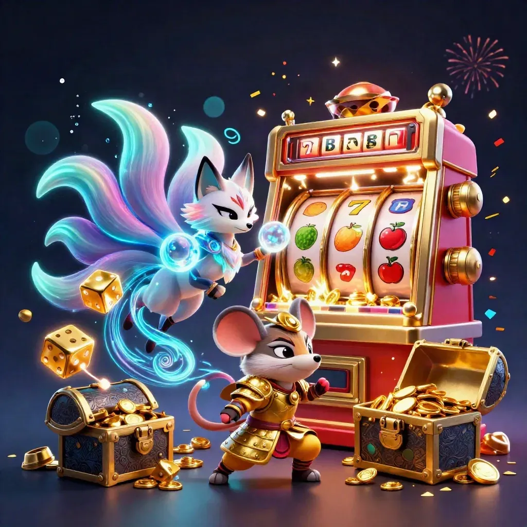 Neon fox spirit and samurai mouse amid slot bursts, gold treasure, and magical casino effects.