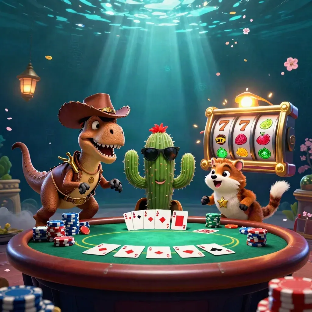 Cowboy T-Rex, cactus sidekick, and sheriff roadrunner amid chips, cards, runes, and neon glow