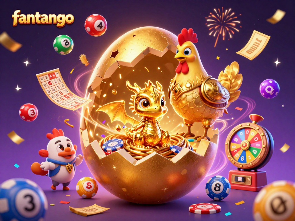 Experience the thrill of gambling with fantango's vibrant lottery scene, featuring magical elements and gold accents.