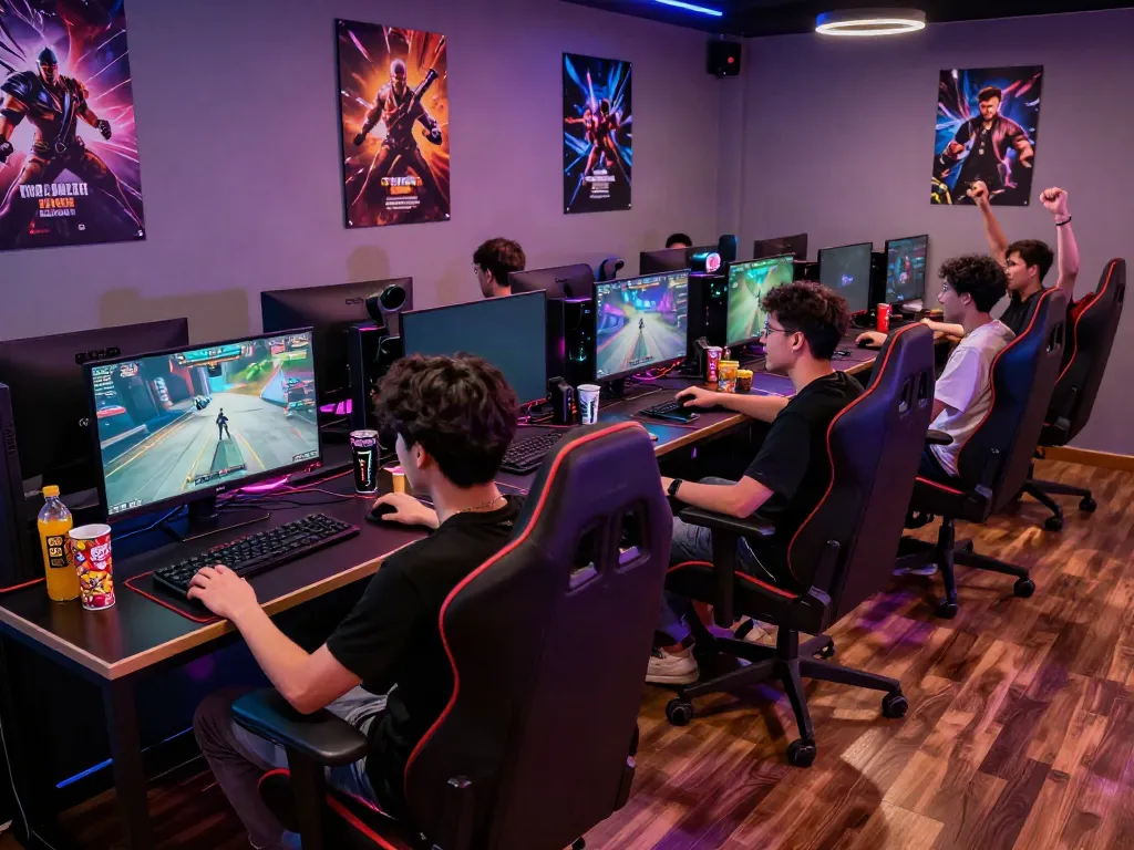 Exciting gaming lounge with young adults engaged in competitive gameplay, showcasing the vibrant a80 gaming community.