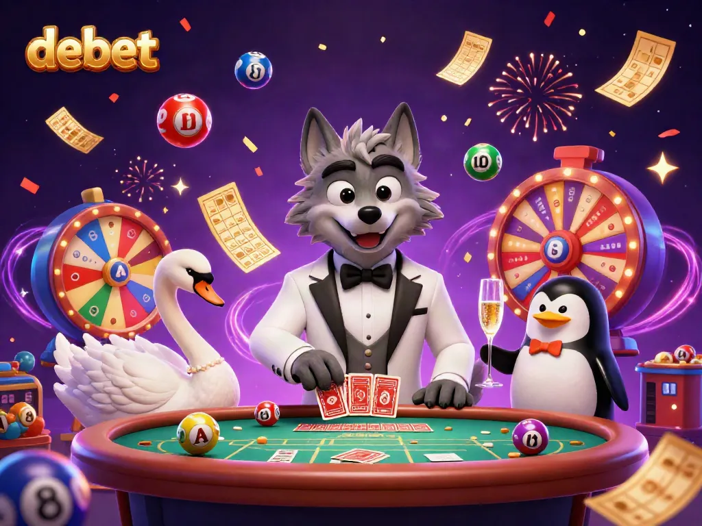 Experience the excitement of debet with a lively 3D casino scene featuring vibrant characters, cards, and confetti.