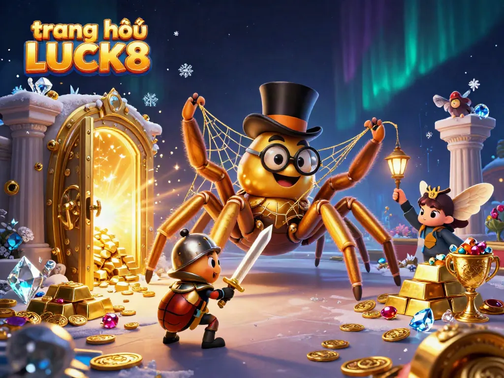 Experience the excitement at trang chủ LUCK8 with a dazzling golden tarantula and beetle knight in a vibrant casino scene.