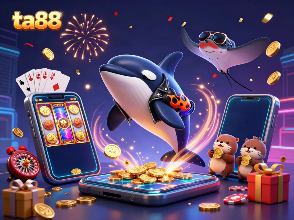 Experience thrilling gameplay at ta88, featuring vibrant characters celebrating with golden coins and slot games.