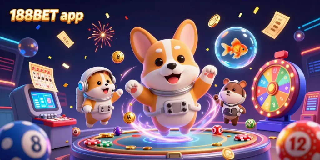 Experience the excitement of the 188BET app and dynamic gambling elements in a vibrant, colorful casino scene.