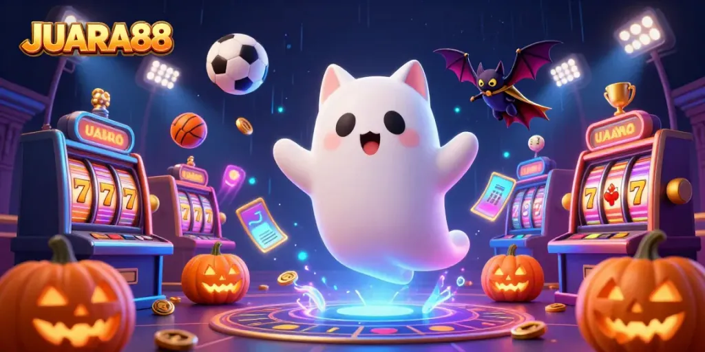 Experience the thrill of JUARA88 with a playful ghost cat and vibrant casino elements.