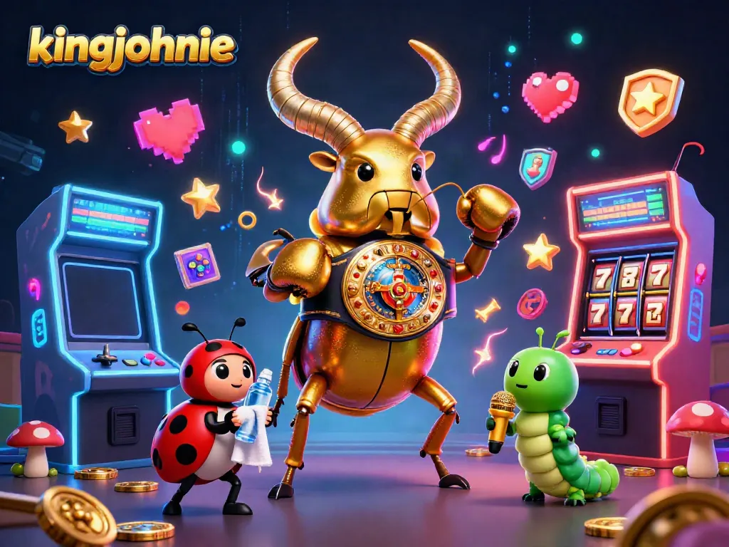Kingjohnnie showcases a vibrant 3D casino gaming scene with dynamically arranged characters and slot elements.