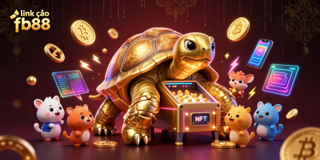 Experience link vào fb88 with a dynamic scene featuring a golden tortoise pinball machine and cryptocurrency elements.