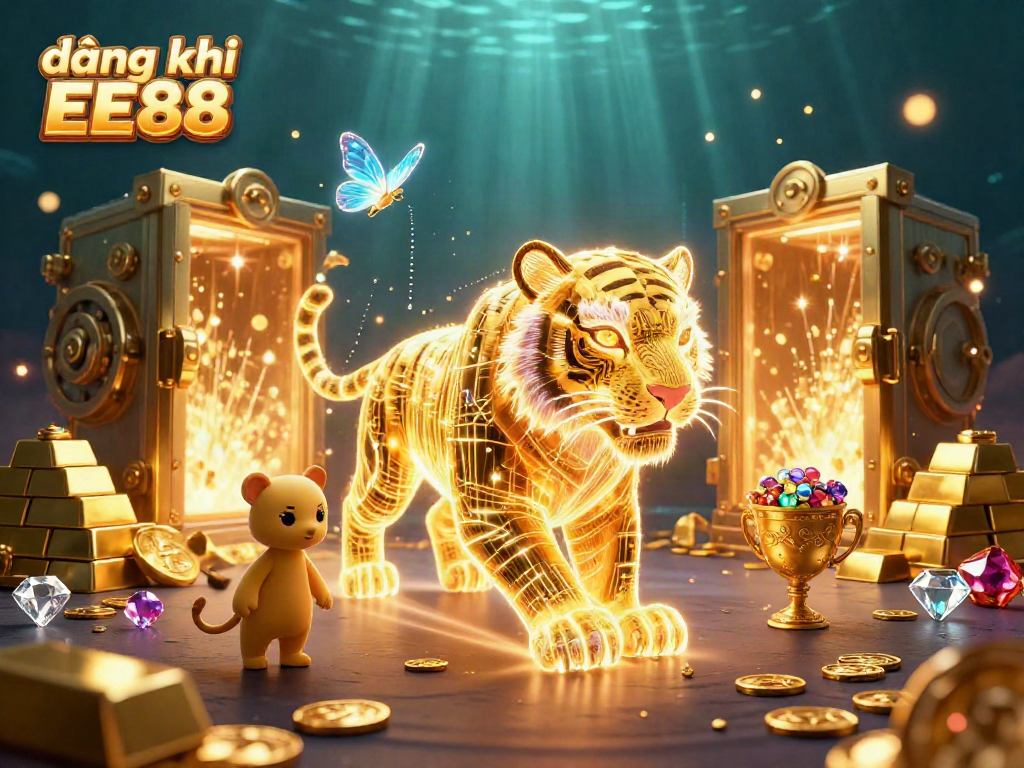Immerse yourself in đăng ký EE88 with vibrant scenes of a neon tiger exploring a treasure-filled casino.