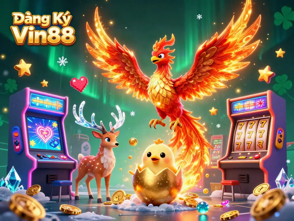 Engage in the excitement of Đăng Ký Vin88 with vibrant gaming elements and characters celebrating a jackpot atmosphere.