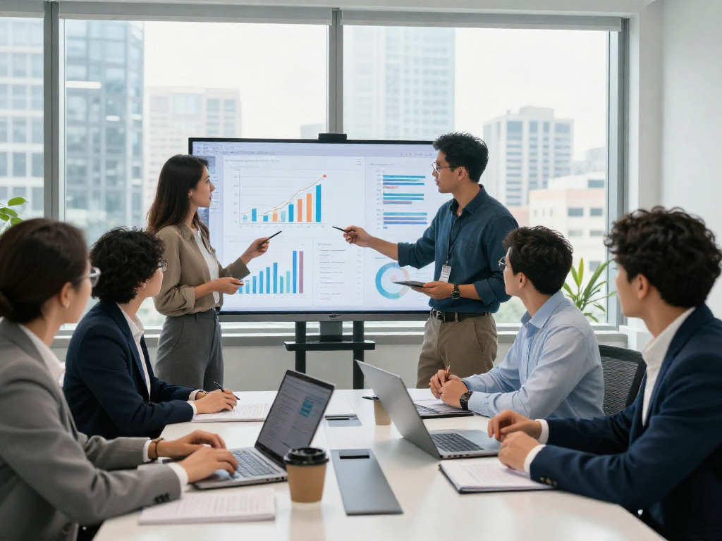 Tim profesional berdiskusi di ruang rapat modern, menunjukkan analisis data dan strategi bisnis bos88, suasana kolaboratif.