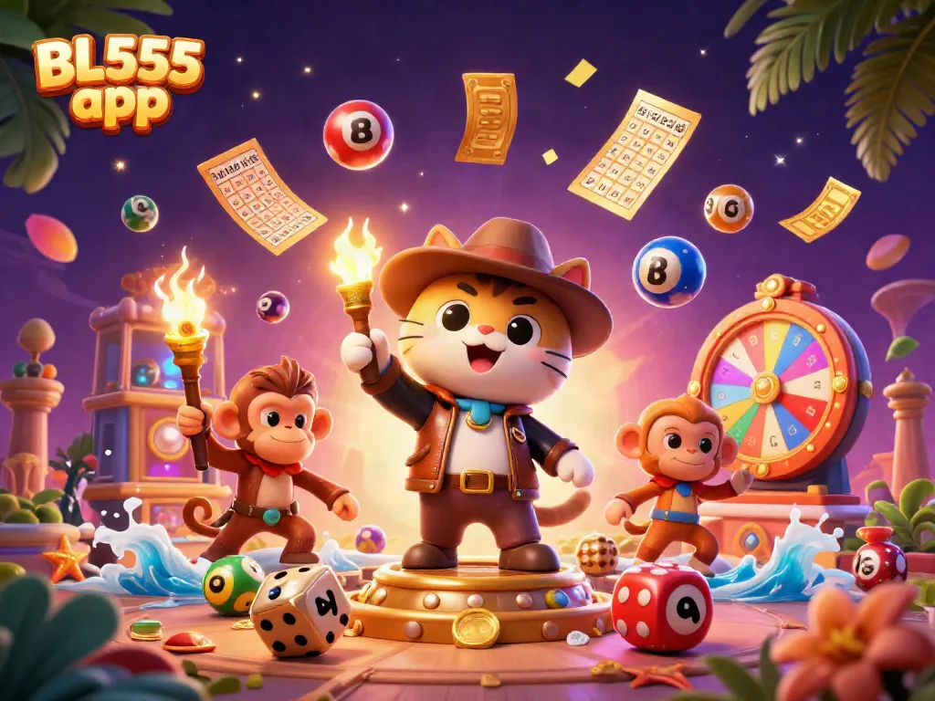 Engage with the exciting world of BL555 app where colorful lottery balls and casino artifacts create a thrilling atmosphere.