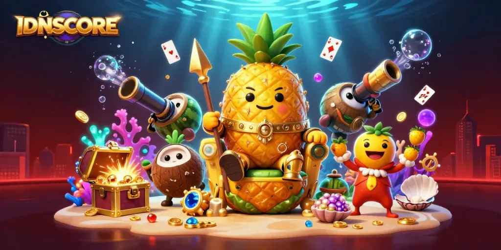 Engage with IDNSCORE's exciting game scene featuring a vibrant beach casino with the golden pineapple king.