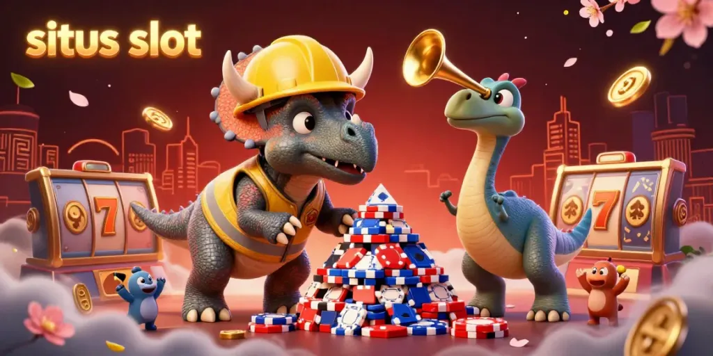 Menggenggam slot pada situs slot dengan jackpot dan simbol keberuntungan di sekelilingnya.