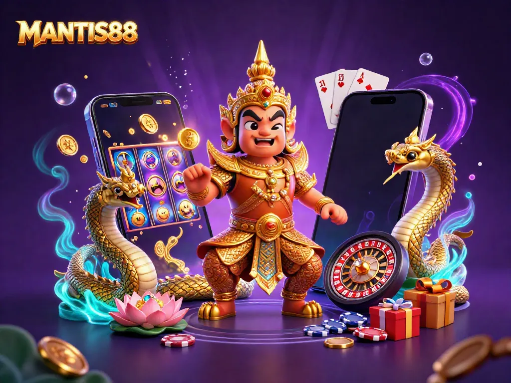 MANTIS88 brings excitement with colorful slots, golden coins, and friendly guardians in an engaging casino scene.