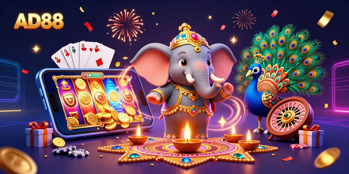 Experience exciting gameplay at AD88 with a vibrant 3D casino scene featuring colorful slot games and rich decorations.
