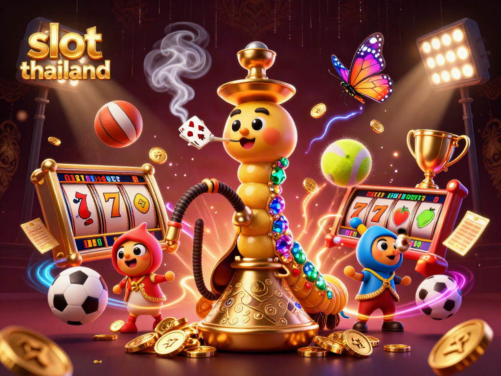 Spin to win at slot thailand with vibrant 3D illustration of a whimsical scene filled with casino elements.