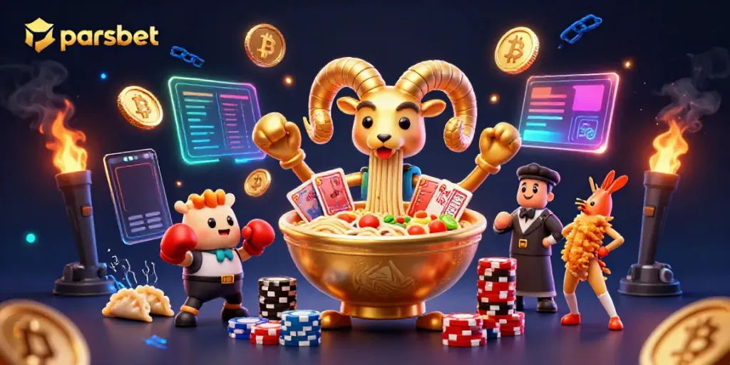 Parsbet ile birlikte renkli 3D casino karakterleri ve öğeleri içeren dinamik bir illüstrasyon.