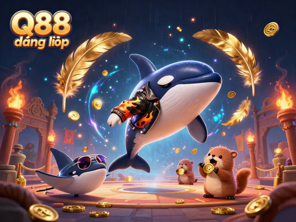 Experience dynamic action with Q88 đăng nhập, watching cartoon orca and sea otters in a vibrant casino-themed scene.