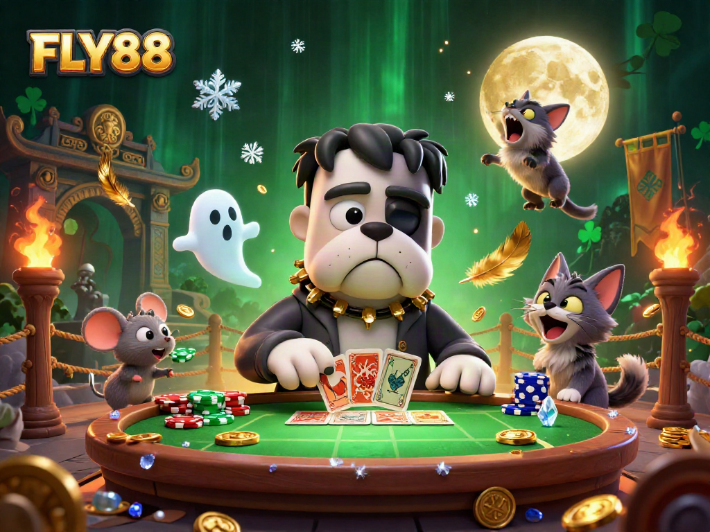 Join the playful FLY88 gaming scene featuring a Frankenstein bulldog and ghost mouse at a casino.