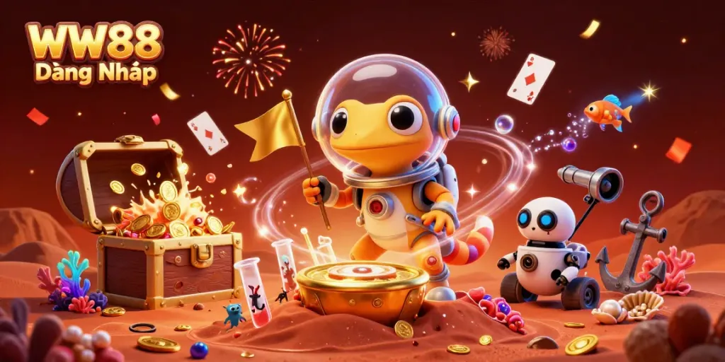 Engage in online gaming with WW88 Đăng Nhập, featuring a Martian gecko and vibrant casino elements.