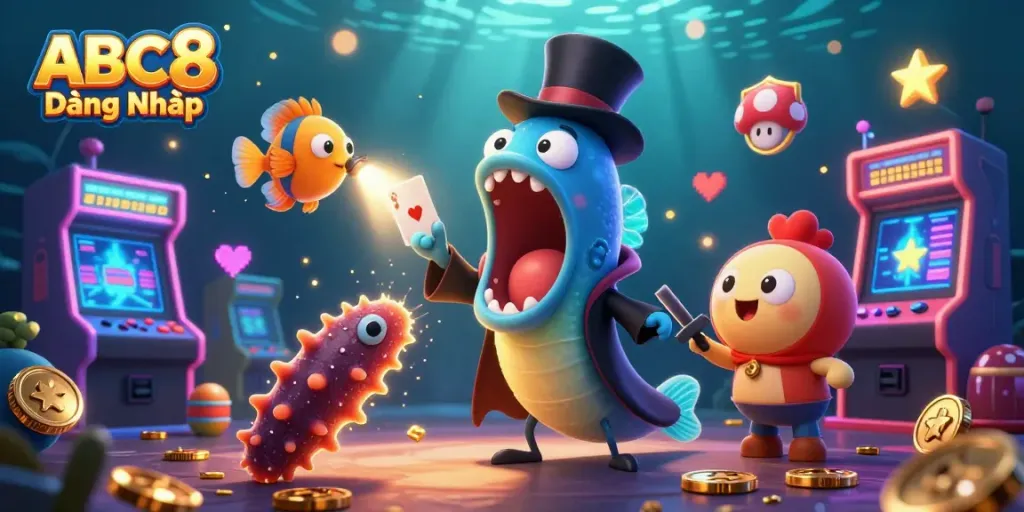 Experience ABC8 Đăng Nhập with a vibrant underwater casino-themed illustration showcasing unique characters.