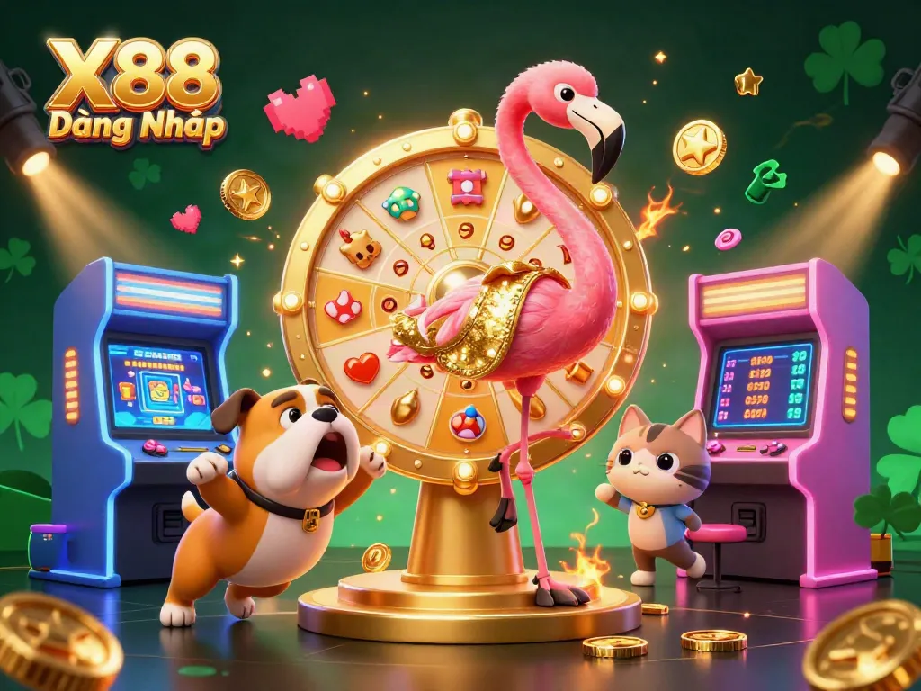 Experience thrilling gaming action with X88 Đăng Nhập as the vibrant scene showcases exciting prizes and interactive elements.