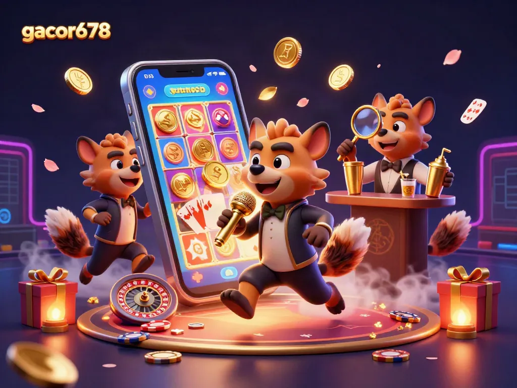 Experience excitement with gacor678's vibrant 3D hyena casino scene featuring games and laughter.