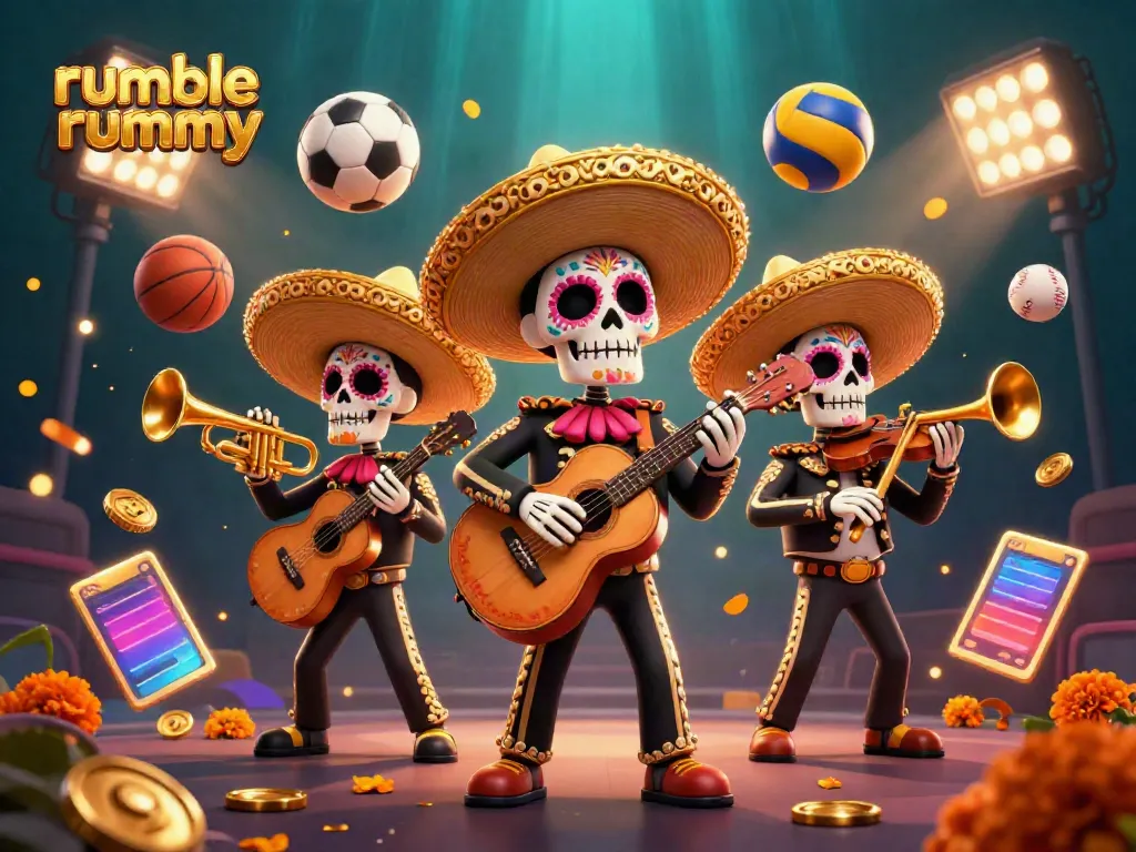 Experience the excitement of rumble rummy with a vibrant mariachi band amidst dynamic gaming elements.