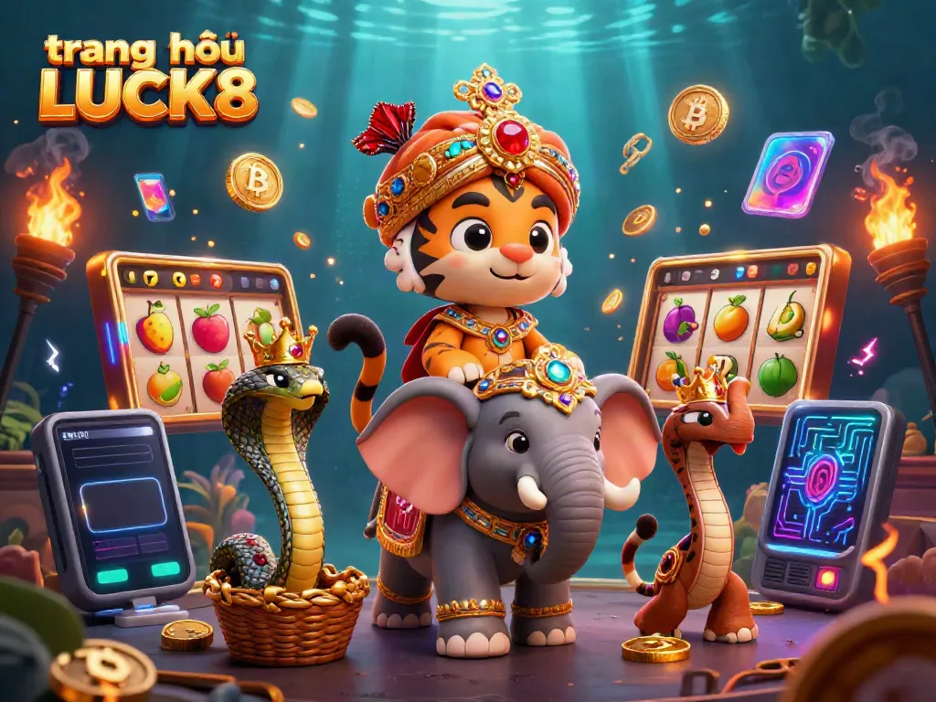 Experience exciting gaming adventures at trang chủ LUCK8 with vibrant slot games and neon cryptocurrency elements.