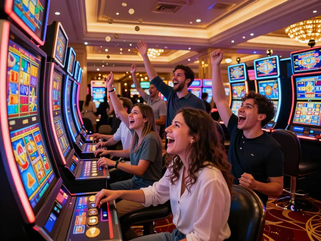 Group celebrating a win at a สล็อต machine in a lively casino.