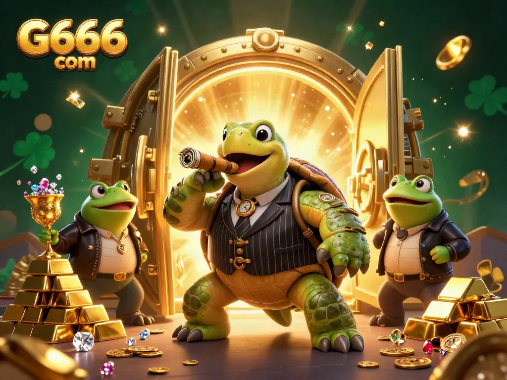 Engage with G666 com's vibrant casino world featuring a turtle mobster and bullfrog enforcers.