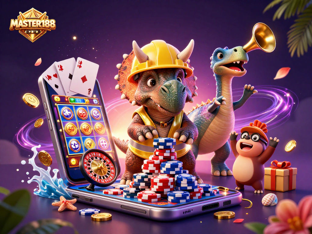 MASTER188 promotes excitement with a triceratops building poker chip towers and players enjoying slots.