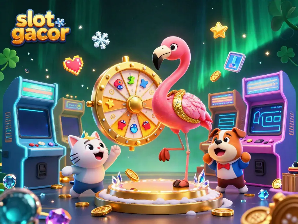 Spin the slot gacor prize wheel with vibrant characters and dynamic game elements in this energetic scene.