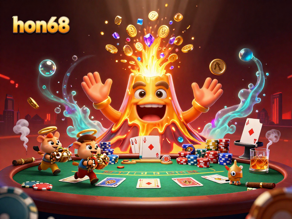 Experience thrilling action at hon68 with a golden volcano erupting treasure surrounded by dynamic poker elements.