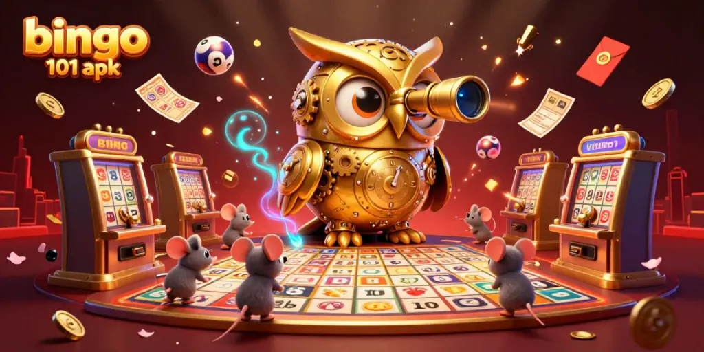 Mainkan bingo 101 apk dengan karakter unik, kartu bingo, dan efek cahaya menakjubkan yang menciptakan suasana kasino.
