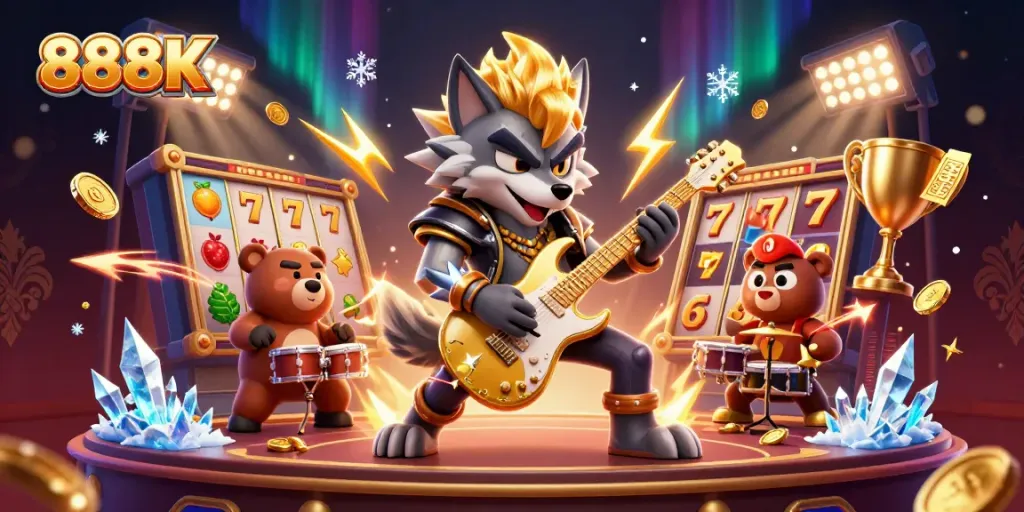 Experience the excitement of 888K with vibrant slot action and electrifying characters in a casino scene.